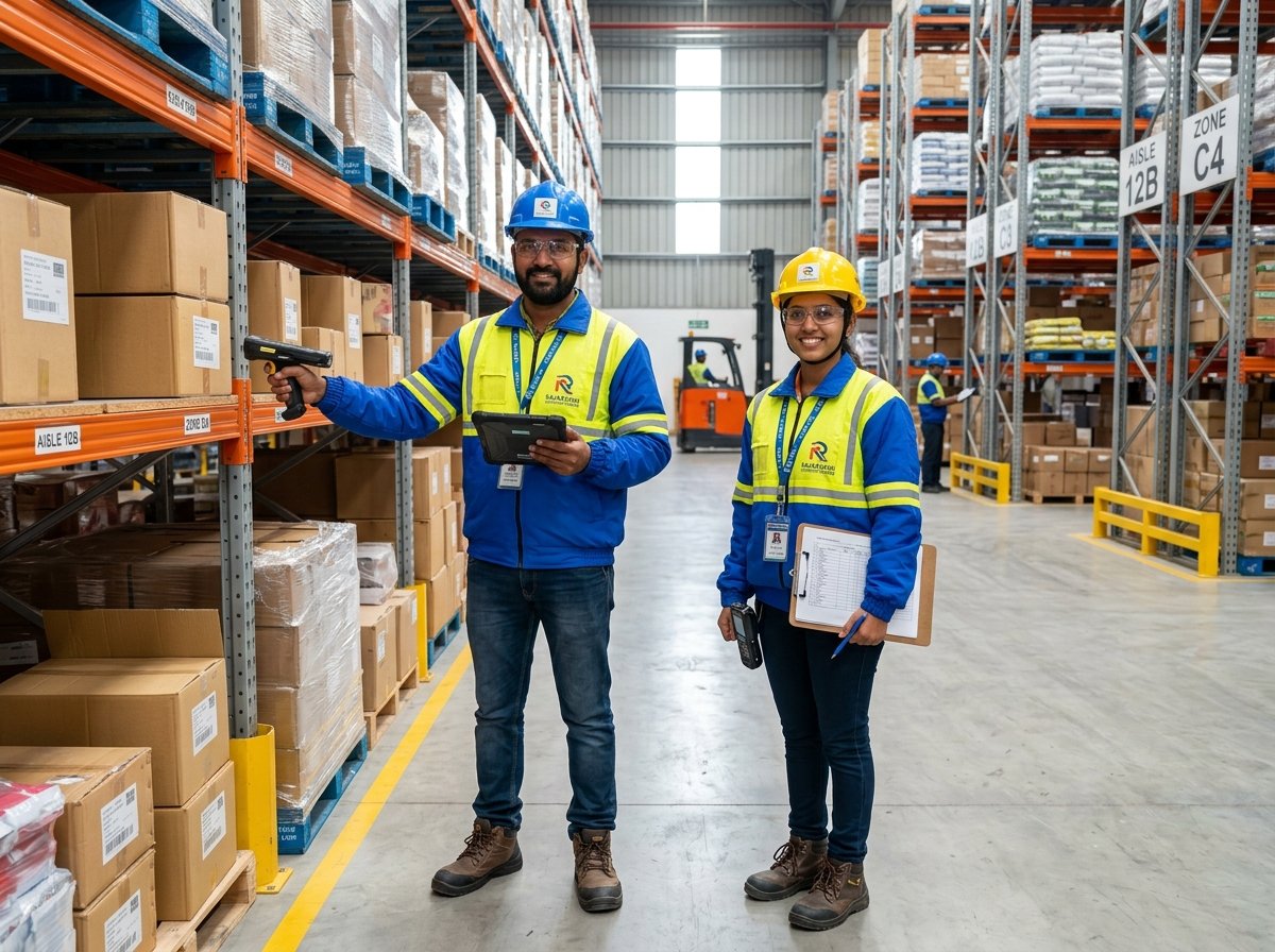 Industrial Warehouse Logistics and Inventory Staff in Safety Gear